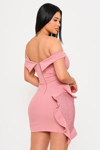 Off The Shoulder Rhinestone Heart On The Skirt Mini Dress