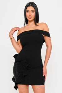 Off The Shoulder Rhinestone Heart On The Skirt Mini Dress