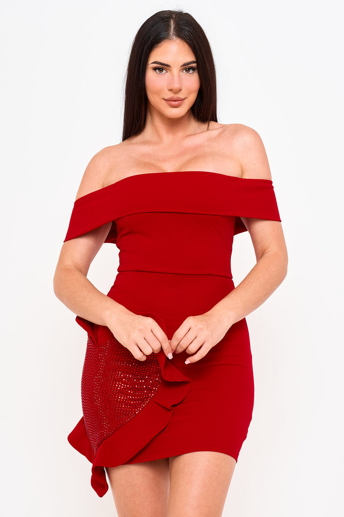 Off The Shoulder Rhinestone Heart On The Skirt Mini Dress