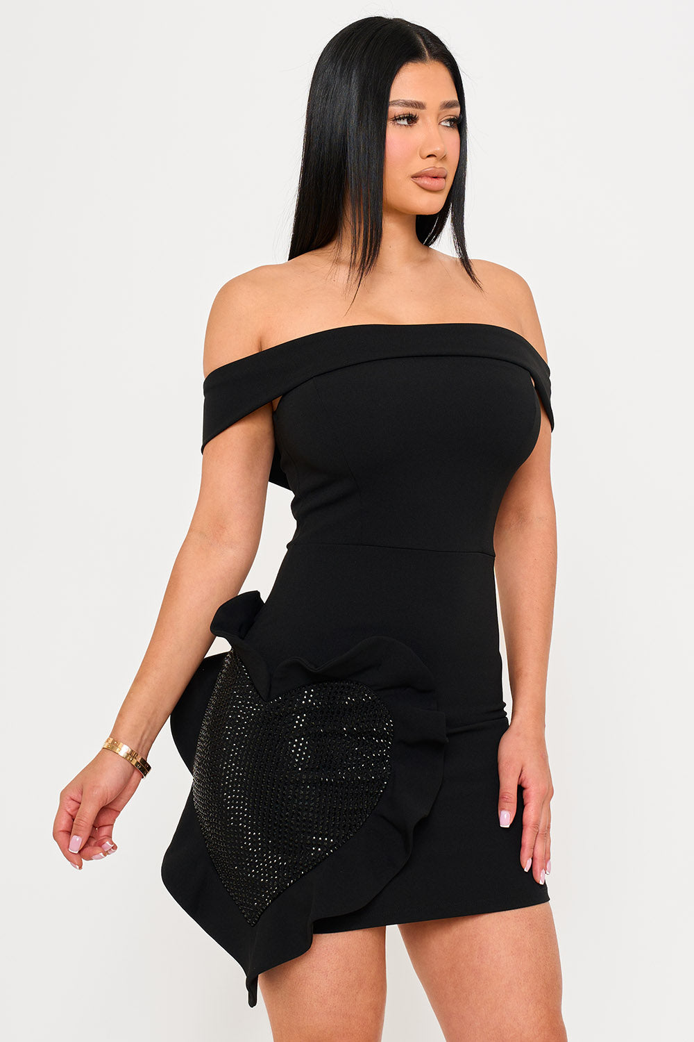 Off The Shoulder Rhinestone Heart On The Skirt Mini Dress