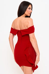 Off The Shoulder Rhinestone Heart On The Skirt Mini Dress