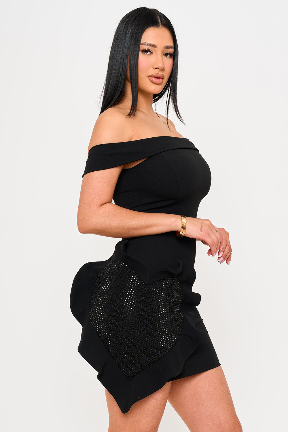 Off The Shoulder Rhinestone Heart On The Skirt Mini Dress