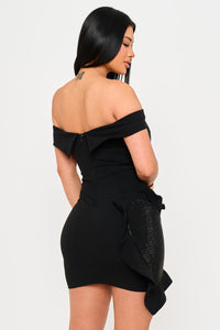 Off The Shoulder Rhinestone Heart On The Skirt Mini Dress