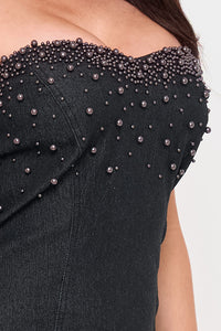 Symphony Dress - Pearl Beaded Top Denim Mini Dress | Zezebe