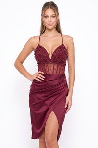 Pearl And Rhinestone Bead On Mesh Top Midi Dress