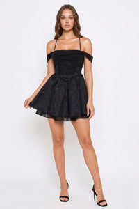 Symphony Dress - Floral Jacquard Open Shoulder Mini Dress | Zezebe