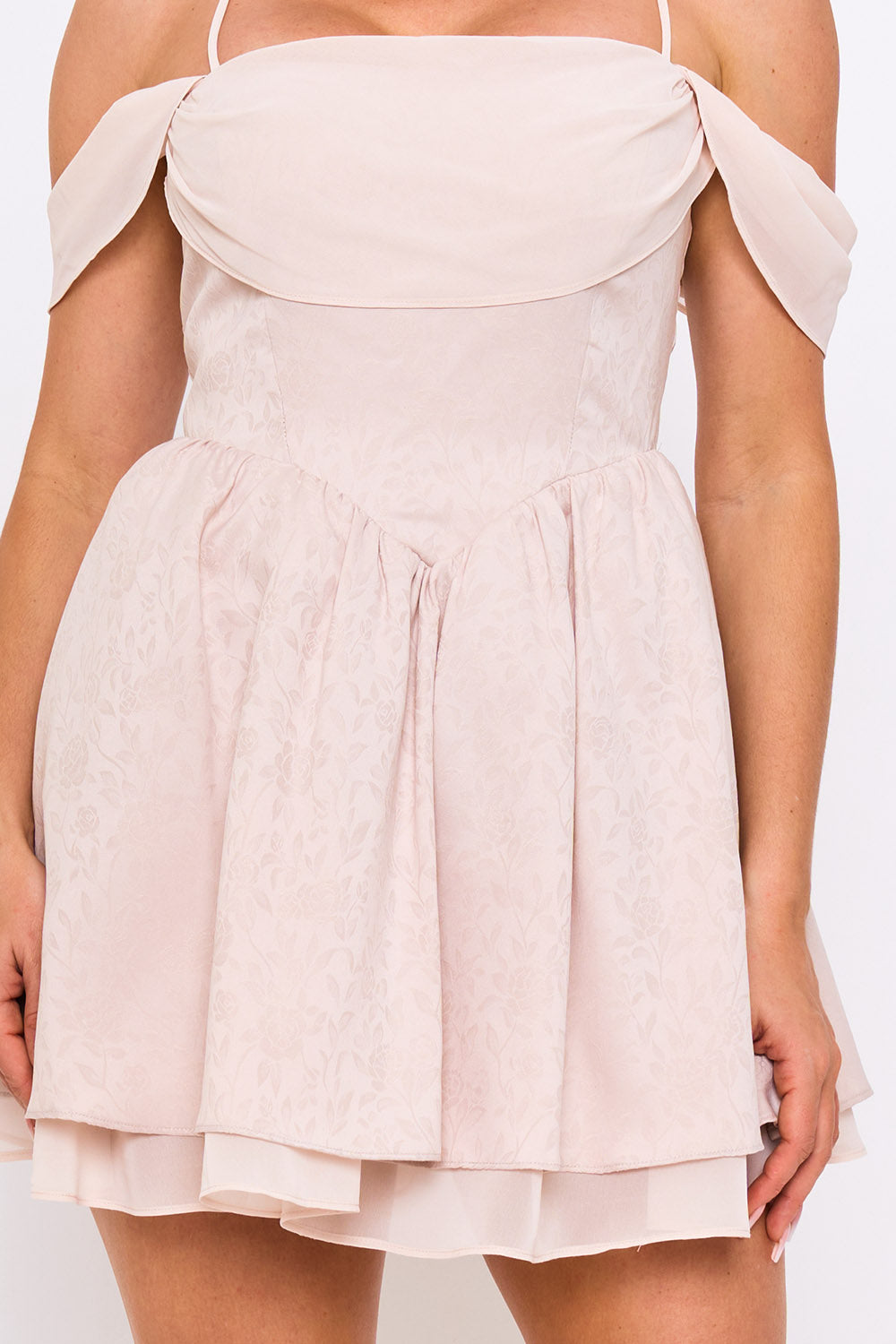 Symphony Dress - Floral Jacquard Open Shoulder Mini Dress | Zezebe