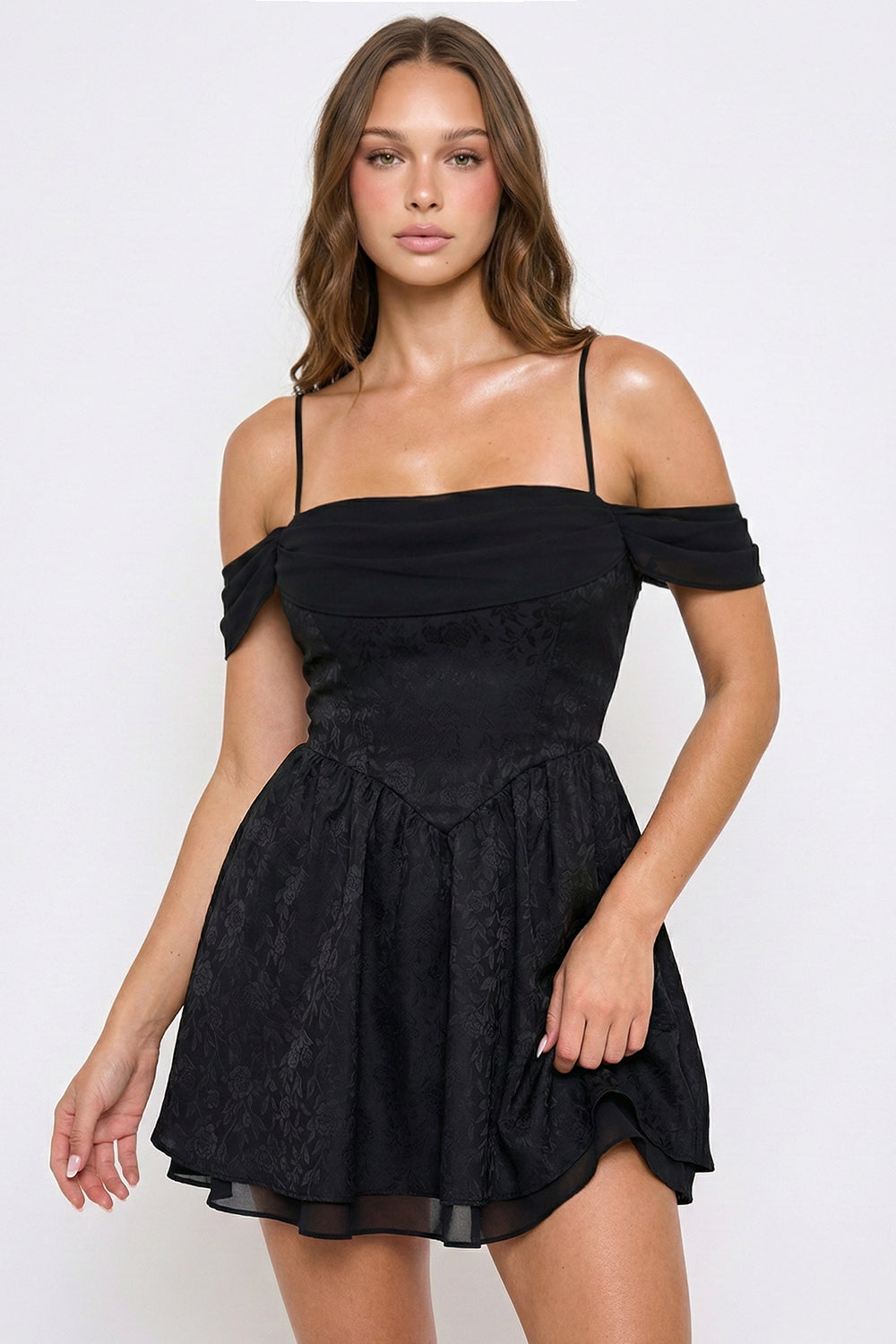 Symphony Dress - Floral Jacquard Open Shoulder Mini Dress | Zezebe