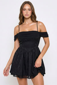 Symphony Dress - Floral Jacquard Open Shoulder Mini Dress | Zezebe