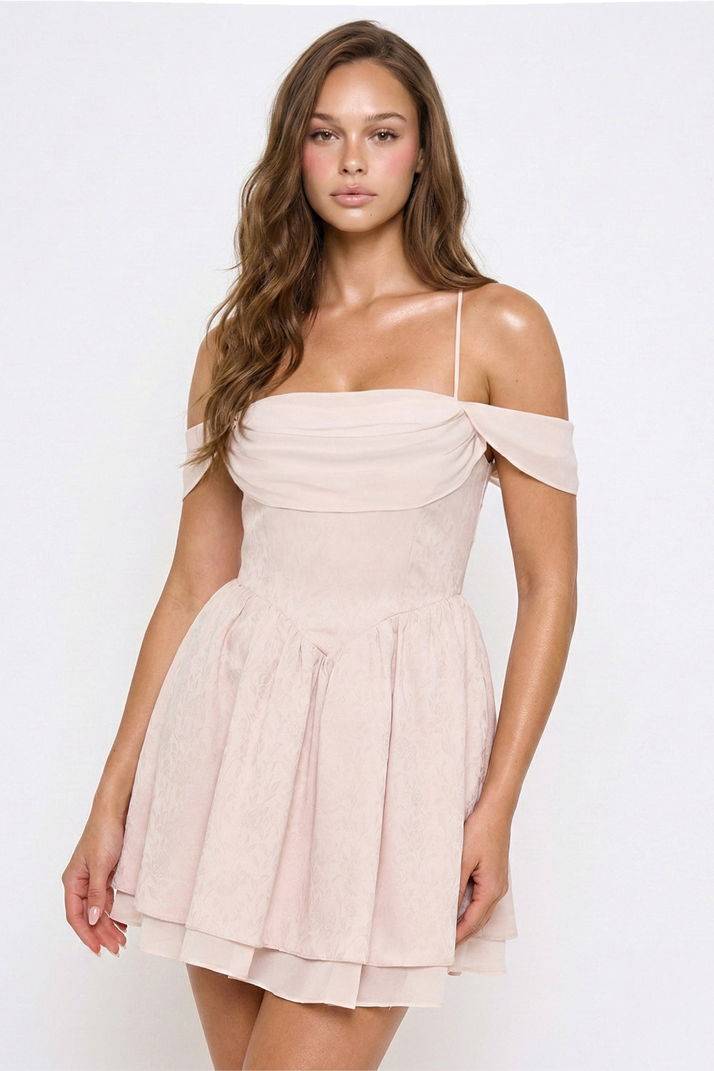 Symphony Dress - Floral Jacquard Open Shoulder Mini Dress | Zezebe