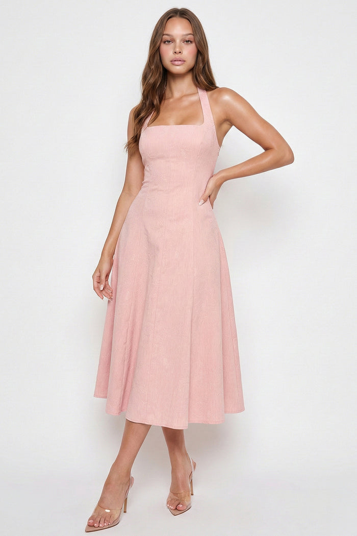 Denim Flower Patterned Halter Neck Midi Dress