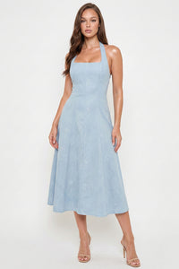 Denim Flower Patterned Halter Neck Midi Dress