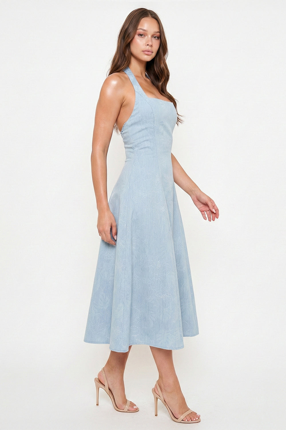 Denim Flower Patterned Halter Neck Midi Dress