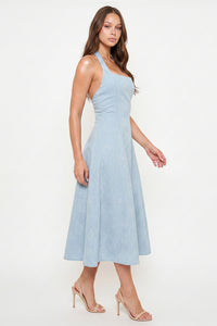 Denim Flower Patterned Halter Neck Midi Dress
