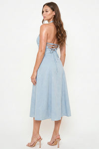 Denim Flower Patterned Halter Neck Midi Dress
