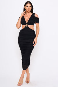 Symphony Dress - Mesh Shirring On Open Shoulder With Cutout Waist Midi Dress | Zezebe