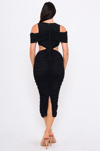 Symphony Dress - Mesh Shirring On Open Shoulder With Cutout Waist Midi Dress | Zezebe