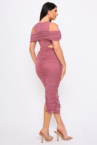 Symphony Dress - Mesh Shirring On Open Shoulder With Cutout Waist Midi Dress | Zezebe