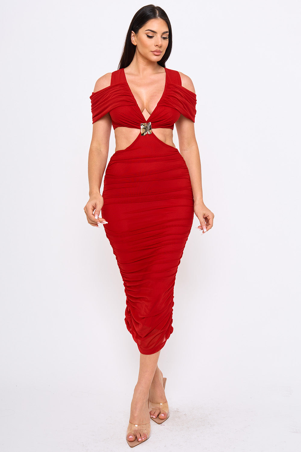 Symphony Dress - Mesh Shirring On Open Shoulder With Cutout Waist Midi Dress | Zezebe