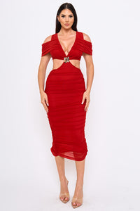 Symphony Dress - Mesh Shirring On Open Shoulder With Cutout Waist Midi Dress | Zezebe