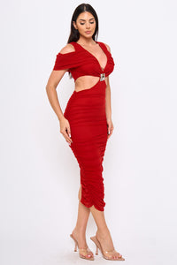 Symphony Dress - Mesh Shirring On Open Shoulder With Cutout Waist Midi Dress | Zezebe