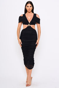 Symphony Dress - Mesh Shirring On Open Shoulder With Cutout Waist Midi Dress | Zezebe