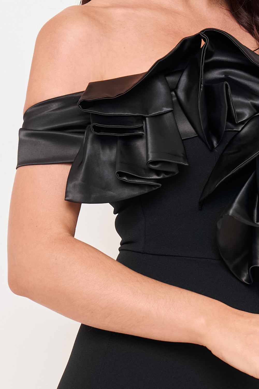 Satin Layer Ruffle Across The Front Midi Dress