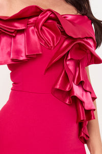 Satin Layer Ruffle Across The Front Midi Dress