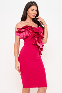 Satin Layer Ruffle Across The Front Midi Dress