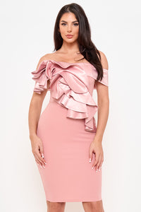 Satin Layer Ruffle Across The Front Midi Dress