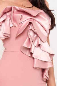 Satin Layer Ruffle Across The Front Midi Dress