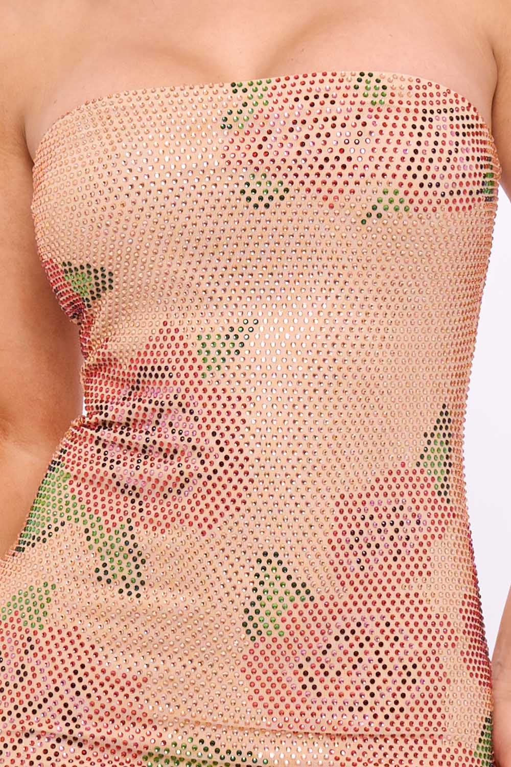 Rose Pattern Rhinestone Tube Top Midi Dress