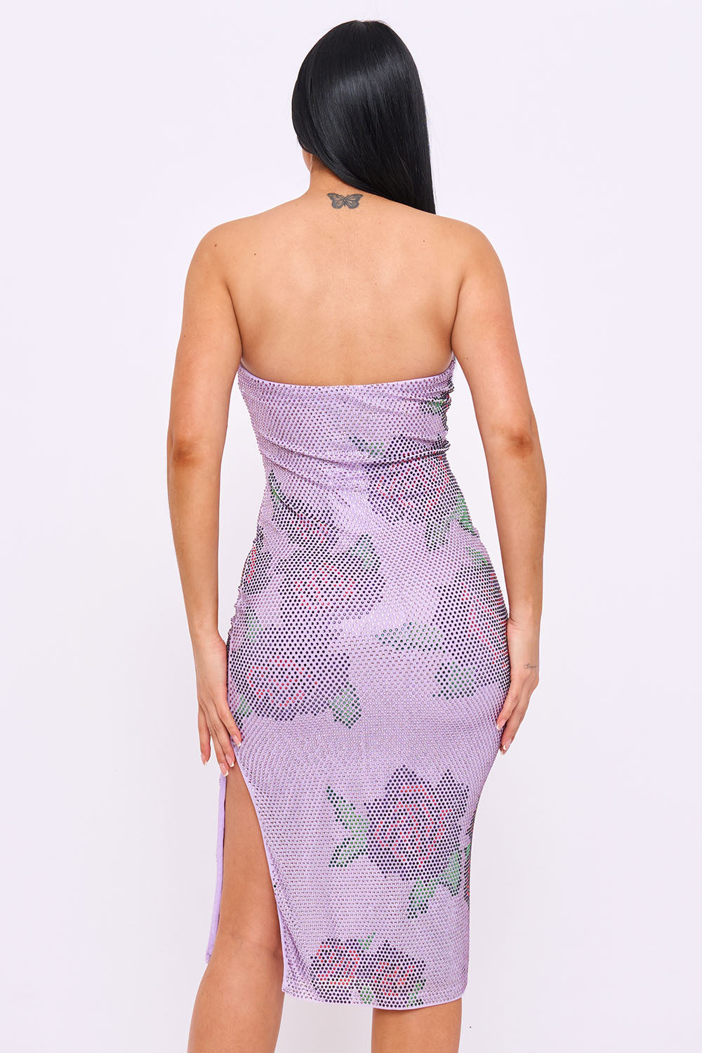 Rose Pattern Rhinestone Tube Top Midi Dress