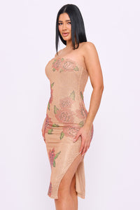 Rose Pattern Rhinestone Tube Top Midi Dress