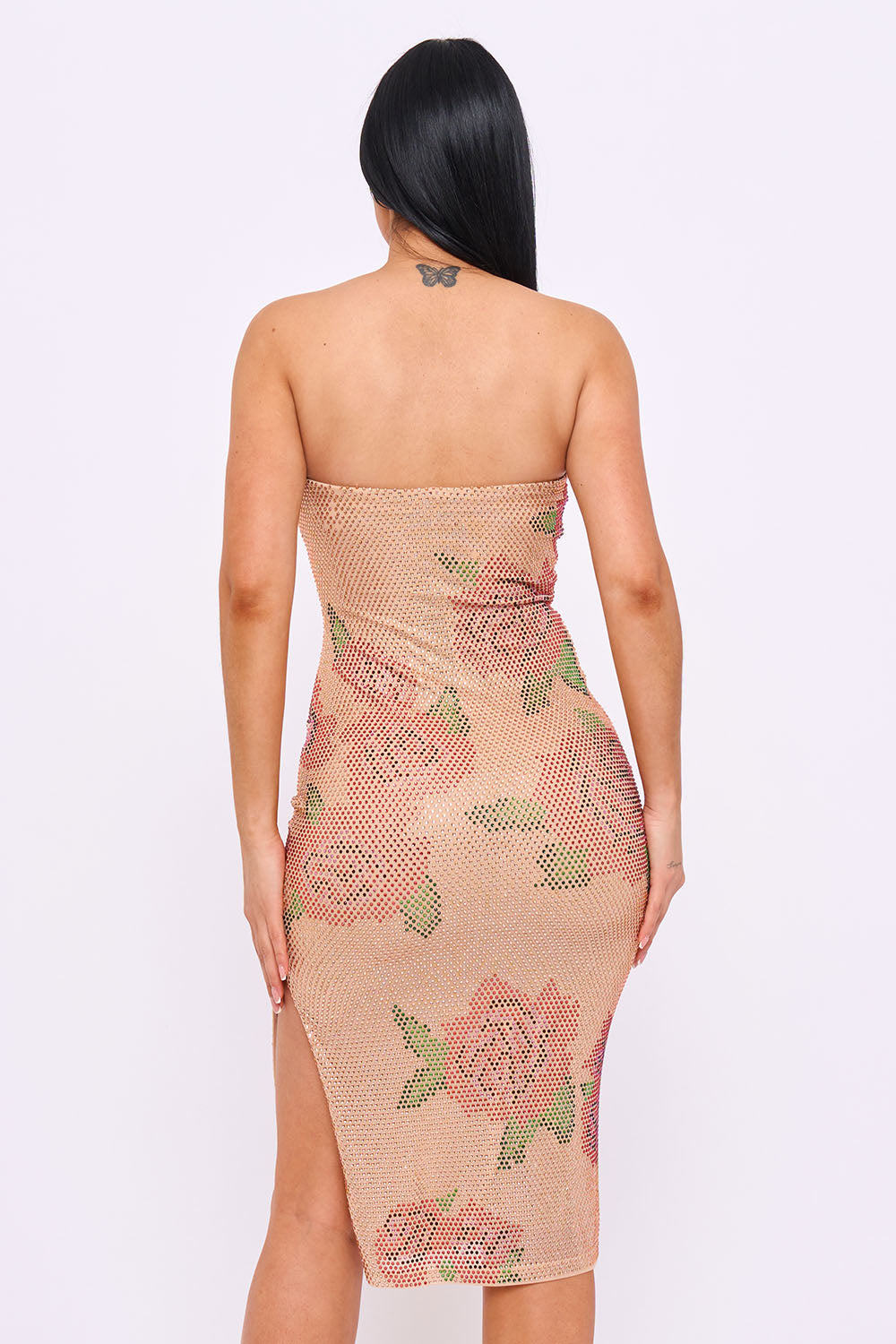 Rose Pattern Rhinestone Tube Top Midi Dress