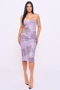 Rose Pattern Rhinestone Tube Top Midi Dress