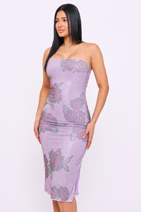 Rose Pattern Rhinestone Tube Top Midi Dress