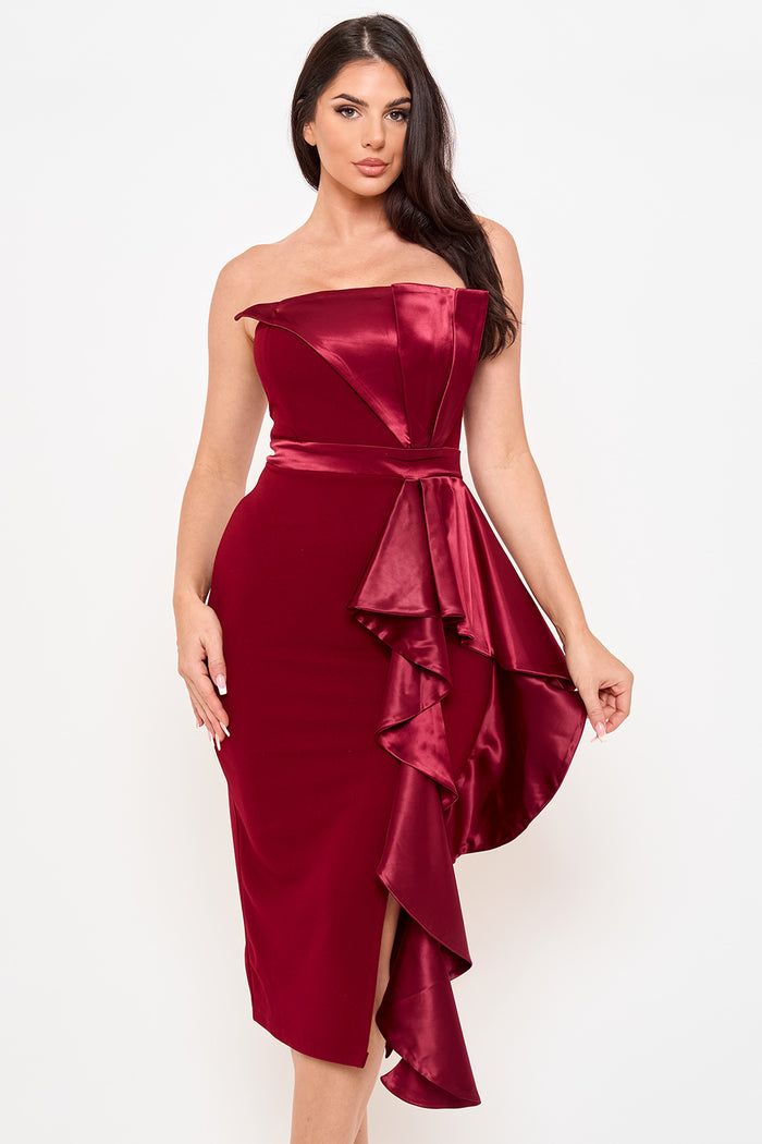 Satin Pleated Fabric Contrast Midi Dress
