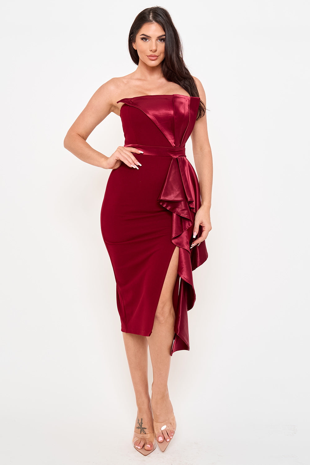 Symphony Dress - Satin Pleated Fabric Contrast Midi Dress | Zezebe