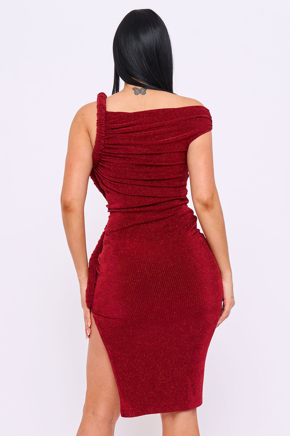 Glitter One-Shoulder Ruched Midi Dress