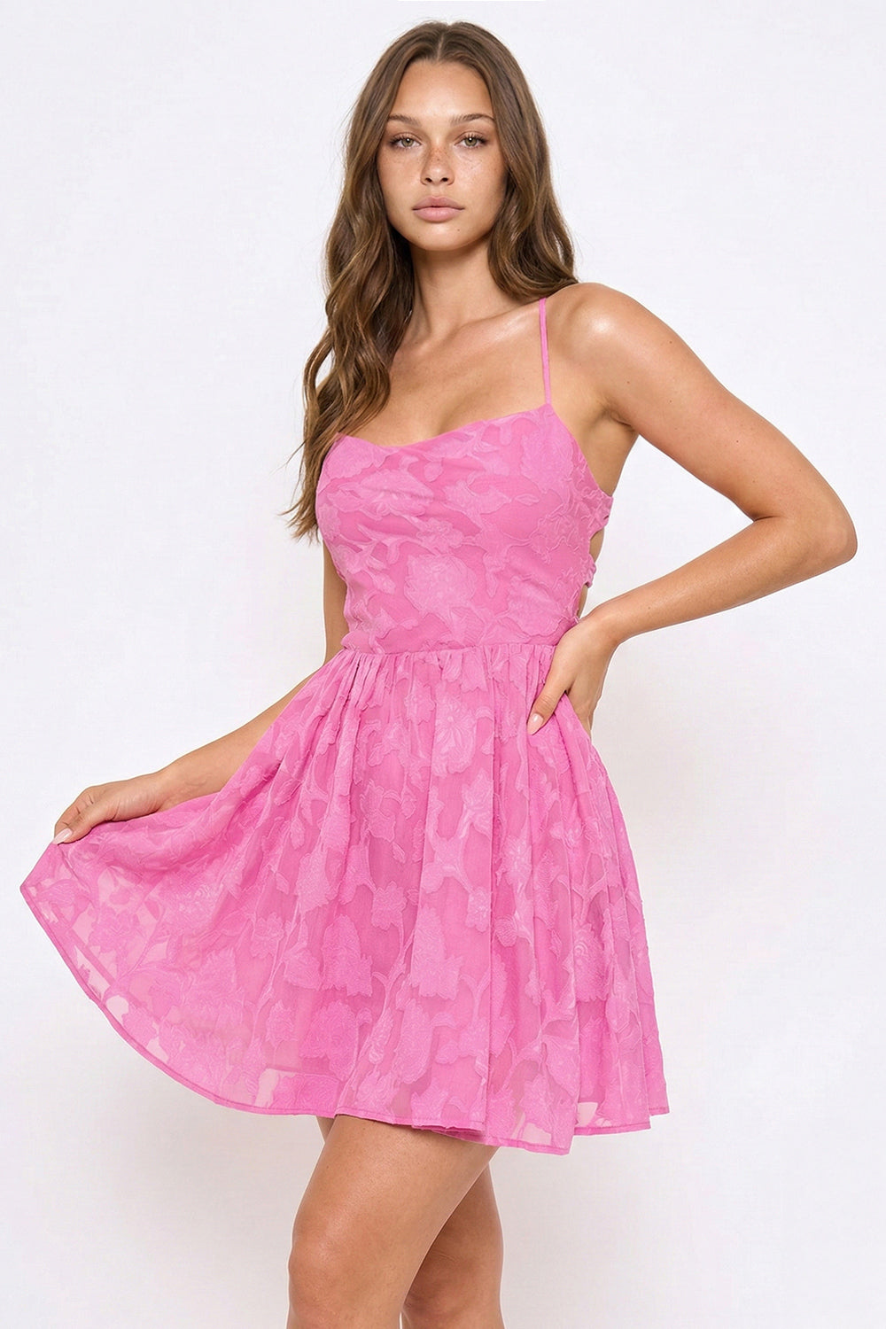 Flower Jacquard Ruffle Flare Mini Dress