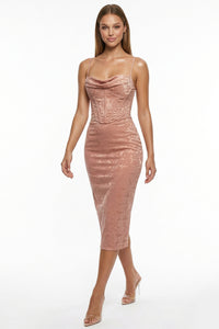 Jacquard Satin Corset Bodice Midi Dress