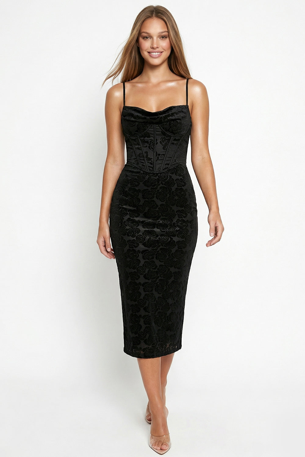Jacquard Satin Corset Bodice Midi Dress
