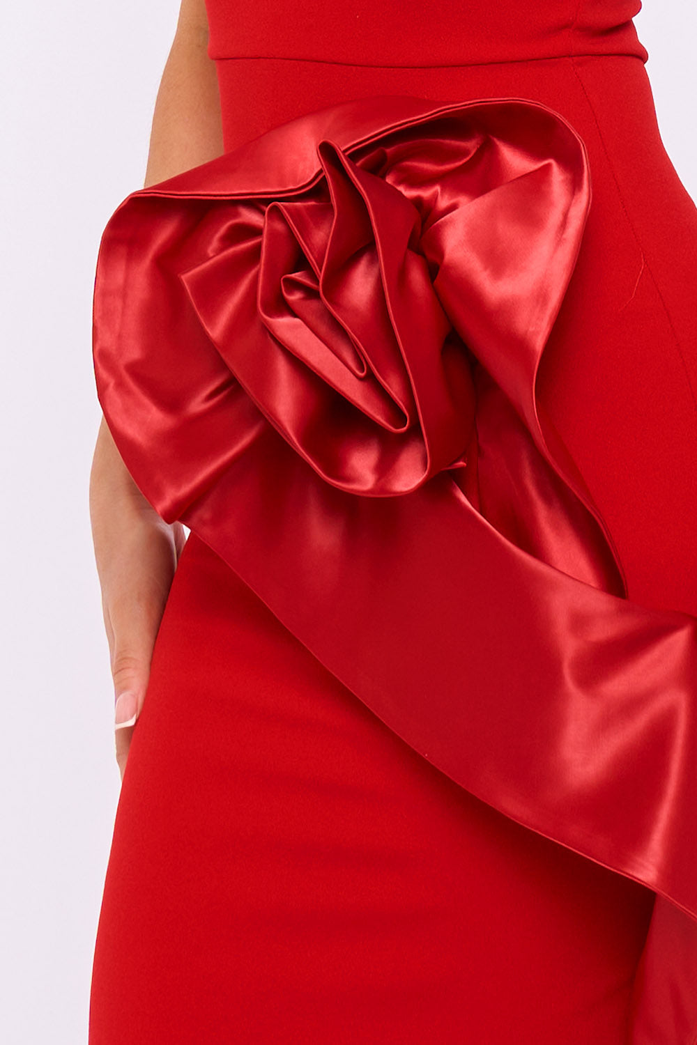 Satin Fabric Flower On The Side Midi Dress