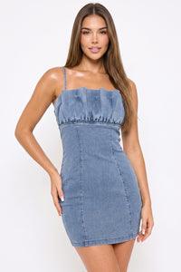 Ruffle Bust Stretch Denim Mini Dress