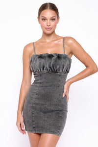 Ruffle Bust Stretch Denim Mini Dress