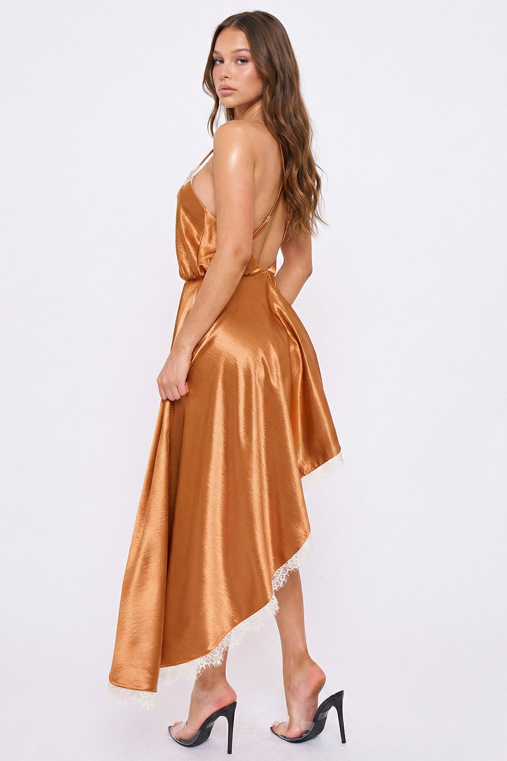 Symphony Dress - Lace Trim Detail Hi Low Midi Dress | Zezebe