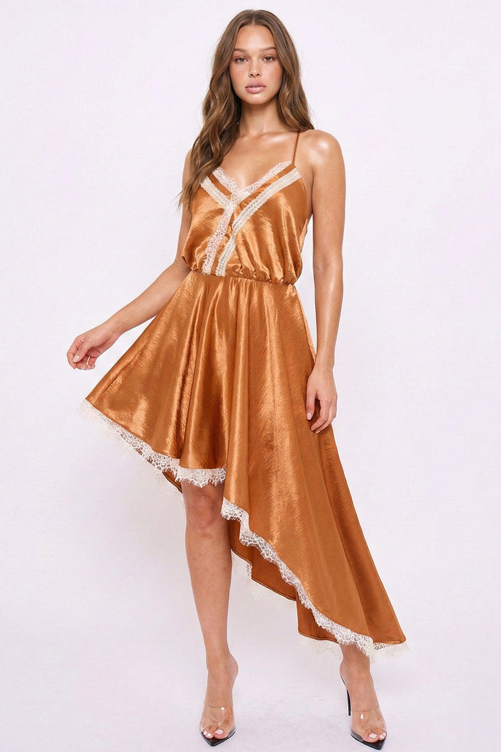 Symphony Dress - Lace Trim Detail Hi Low Midi Dress | Zezebe