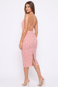 Lace On Flower Halter Neck Midi Dress