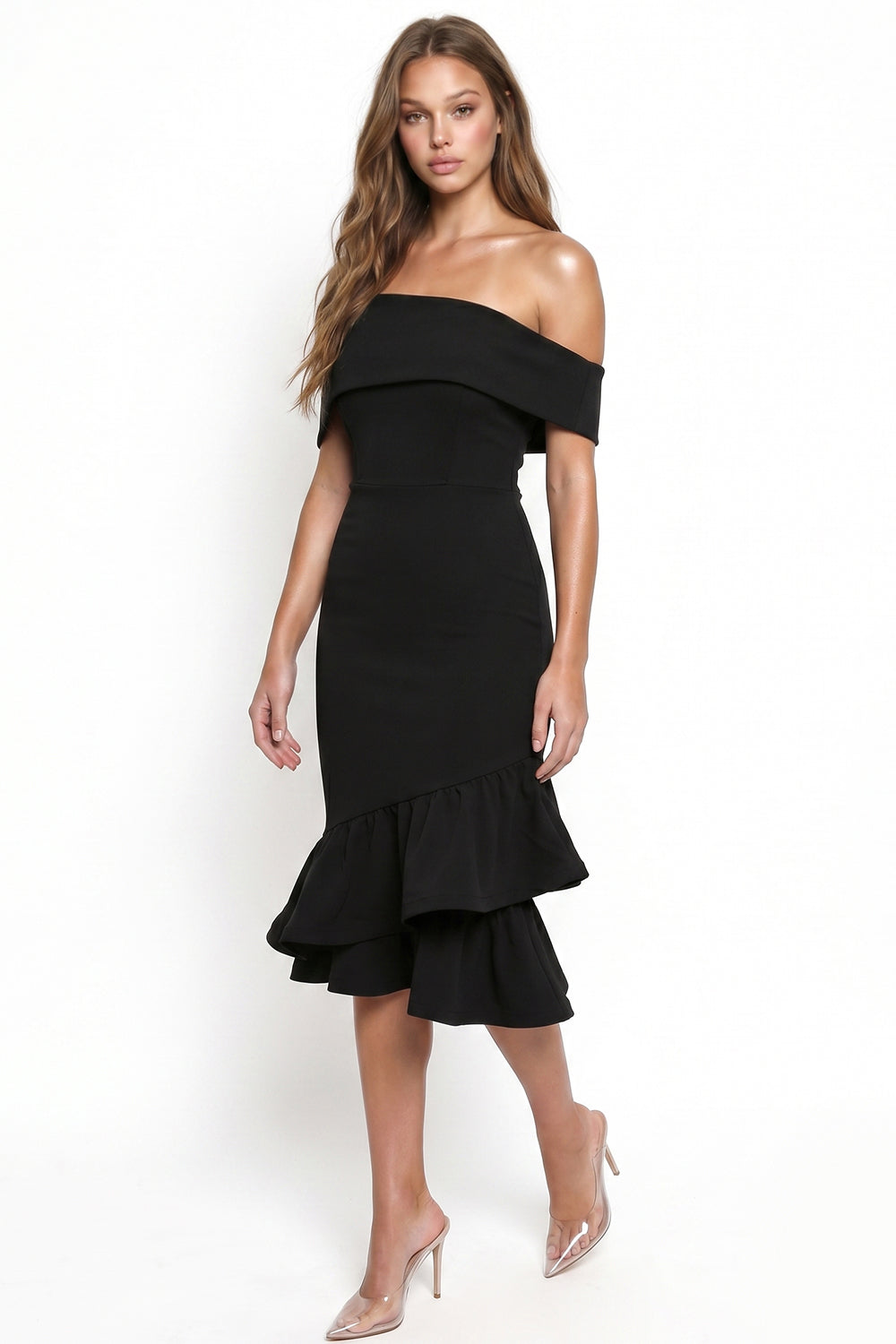 Off The Shoulder Foldover Neckline Midi Dress